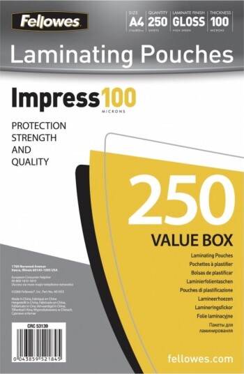 Fellowes Fellowes Laminating Pouches Impress 100 Micron 100 Mikroner 250 Pack Glanset Hvit A4 210 X 297 Mm Lamineringspunger