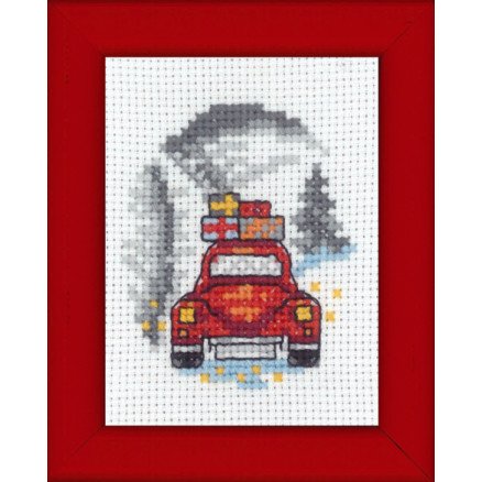 Permin broderisett julebilde rød bil 6x8cm