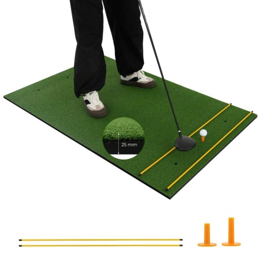 3 i 1 golf tee matte med kunstgress 2 golf tees 2 justeringsstaker og 6 forhåndsborede tee hull 152 x 92 cm