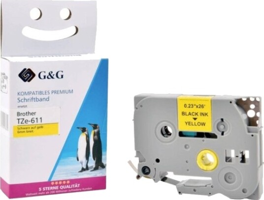 Kompatibelt Brother Tze 611 Skriftbånd 6 Mm/8 M Laminert Svart På Gul G&G 5Brt611 Td