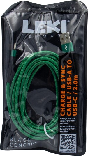 LEKI DENMARK BRAIDED GREEN CABLE USB-A TO USB-C 2.0 M
