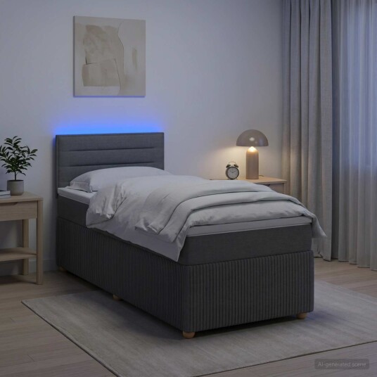 vidaXL Box Spring Seng med Madrass og LED Mørkegrå 90 x 190 cm Stoff