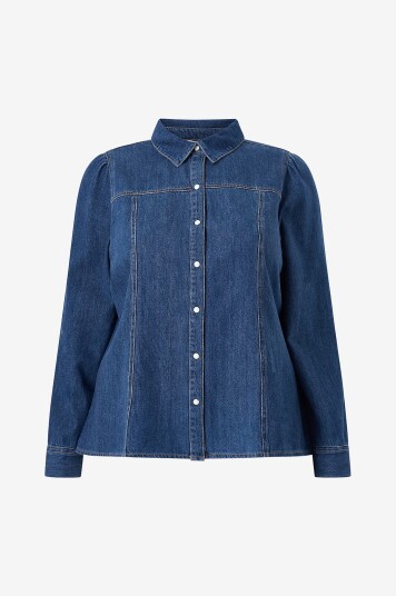 Ellos Plus collection Denimbluse med bobleermer Blå Ellos Plus collection Denimbluse med bobleermer Blå