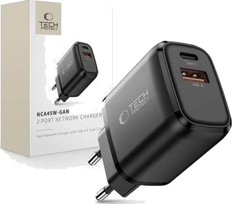 Tech Protect 45W Dobbelt USB-C/USB-A Vegglader i Svart Tech Protect 45W Dobbelt USB-C/USB-A Vegglader i Svart
