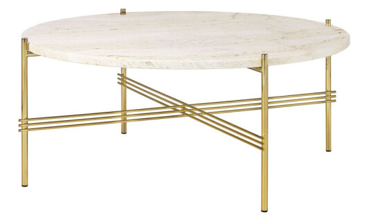 Gubi TS Round sidebord Natural white travertine, Ø 80 cm, messingstativ