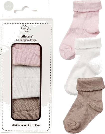 Lillelamm Ullsokker - 3.Pk Gavepakke   Tynne Ullsokker - Rosa