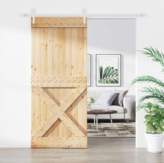 Skyvedør Naturlig og Hvit 90 x 210 cm Massiv Furu Tre Skyvedør Naturlig og Hvit 90 x 210 cm Massiv Furu Tre