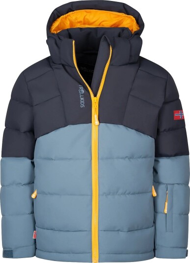 TrollKids Kids Gryllefjord Jacket - BLACK/STEEL BLUE/MANGO - 140