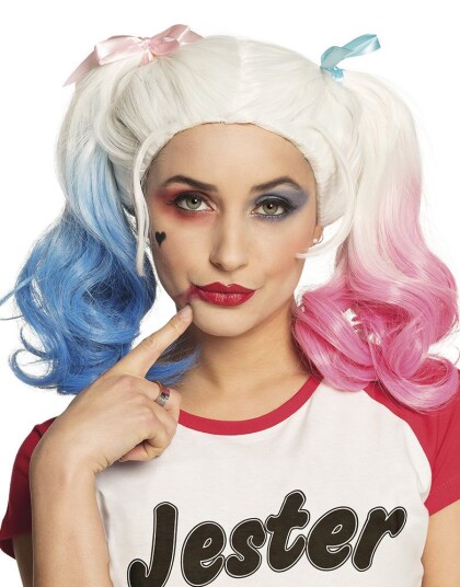 Blond Harley Quinn Inspirert Parykk med Rosa og Blå Hestehaler Blond Harley Quinn Inspirert Parykk med Rosa og Blå Hestehaler