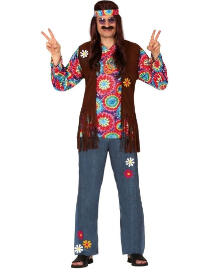 Hippie Kostyme til Mann med Skjorte Vest Pannebånd og Bukser Strl Large