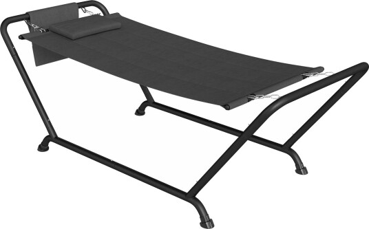 Hengekøye med stativ, 237 x 90 cm, sidelomme og nakkestøtte Hengekøye med stativ, 237 x 90 cm, sidelomme og nakkestøtte