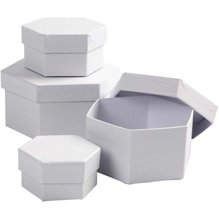 Diverse Sekskantede Esker str 6,5x4 + 8x5 + 10x6 + 12x7 cm hvit 4 stk 1 sett