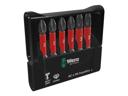 Wera Bit-Check 6 Ph Impaktor 1 - Spissett For Støtskrutrekker - 6 Deler - Phillips - Ph2, Ph3 - Heksagonal - Lengde: 50 Mm