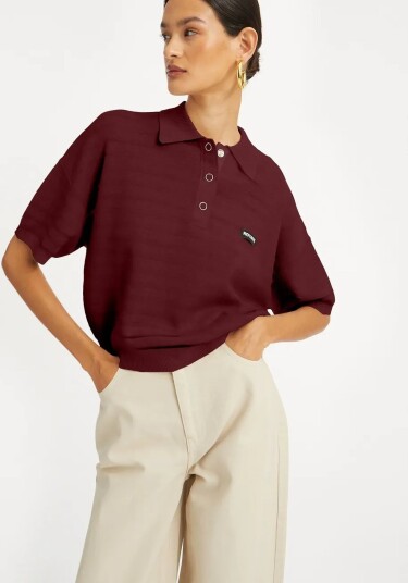 ROTATE Slinky Knit Polo   Burgundy   XL