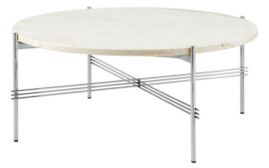 Gubi TS salongbord polert stål Ø 80 Neutral white travertine