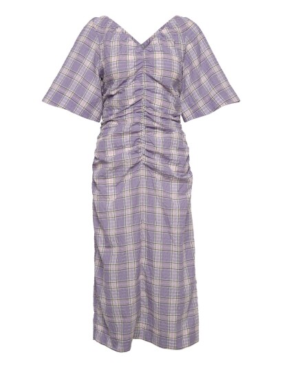 GANNI Seersucker Check V Neck Fitted Midi Dress   Purple   36