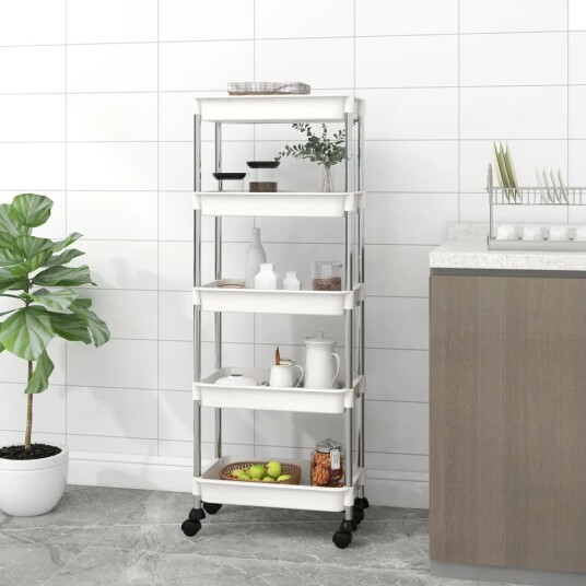 5-etasjers kjøkkenvogn hvit 42x29x128 cm jern og ABS 336332 5-etasjers kjøkkenvogn hvit 42x29x128 cm jern og ABS 336332