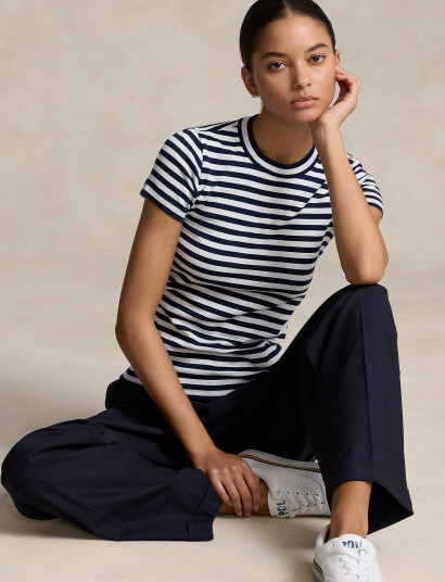 Polo Ralph Lauren Striped Ribbed Cotton Crewneck Tee - Blue - S Polo Ralph Lauren Striped Ribbed Cotton Crewneck Tee - Blue - S