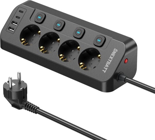 Nextbatt Hurtiglader Stikkontakt 4-Veis 2x Usb-A 2x Usb-C 1.8m Svart