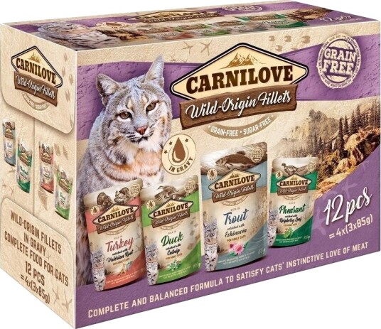 Carnilove Kattemat Voksen Flerpakning 12x85g Kornfri med Laks, And, Kalkun og Fasan