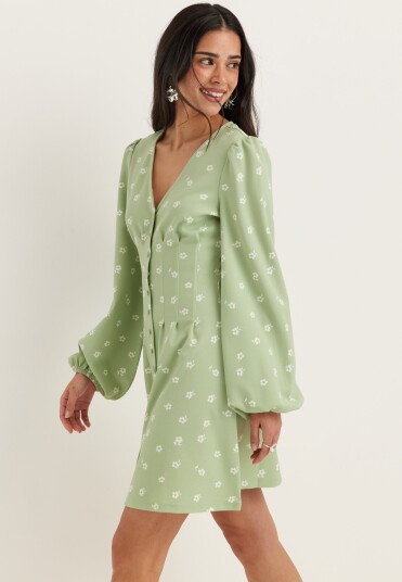Bubbleroom Mini Button Volume Sleeve Dress