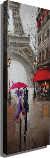 Lerretsbilde 30x80 cm Paris biler under regnet med fargerike paraplyer Rød / Lilla / Grå