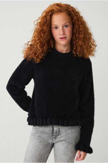 Ellos Collection Strikket genser med volanger Svart