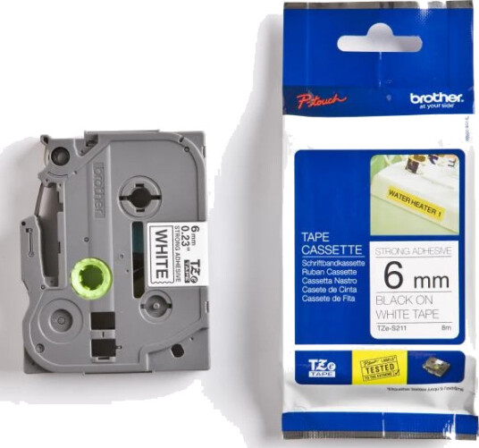 Brother P-Touch Tape Sort på Hvit 6mm Ekstra Klebende (8m)