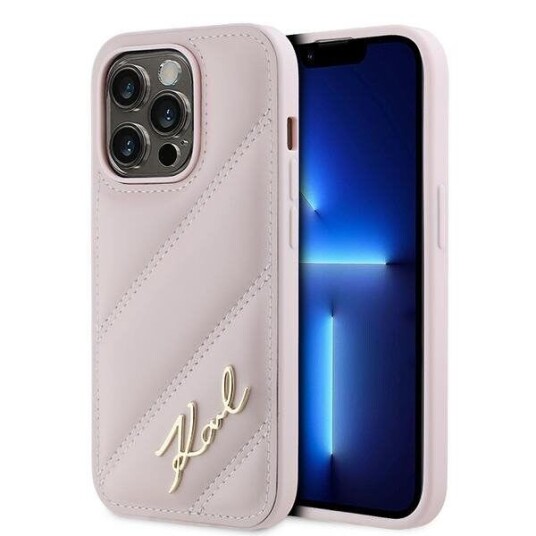 Karl Lagerfeld Diagonal Quiltet Skrift Hardcase til iPhone 14 Pro - Rosa