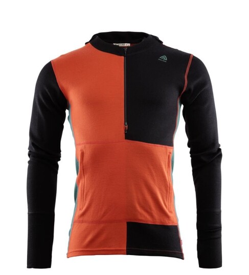 Aclima WarmWool Hood Sweater Net, M Jet Black / Red Clay / North Atlantic XXL