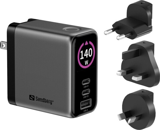 Sandberg Travel Charger PD140W GaN Lader med Display Grå
