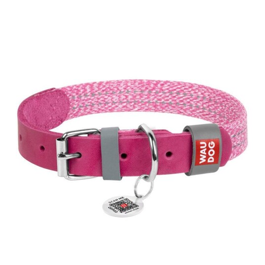 Hundehalsbånd Laget Av Naturlig Skinn Og Resirkulert Bomull Med Qr-Kode Waudog Classic, Størrelse L, Rosa