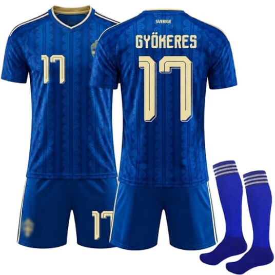 2026 VM Sverige Borte Barn Voksen Fotballdrakt med Sokker Nr.17 Gyökeres 24