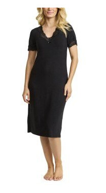 Damella Bamboo Plain Lace Short Sleeve Nightdress Svart Bambus Large Dame