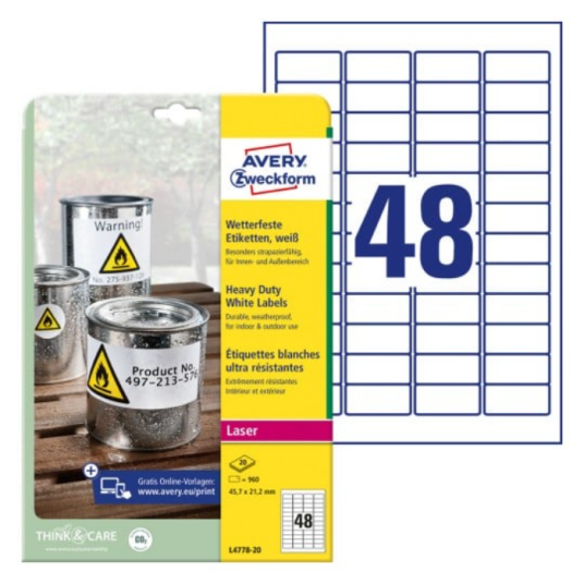 Avery Sterke etiketter, hvite , Tåler varme, kulde, fukt, utendørsbruk, 45,7 x 21,2 mm, Laser Avery Sterke etiketter, hvite , Tåler varme, kulde, fukt, utendørsbruk, 45,7 x 21,2 mm, Laser
