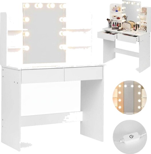 Sminkebord med speil og LED lys – 3 farger skuffer Sminkebord med speil og LED lys – 3 farger skuffer