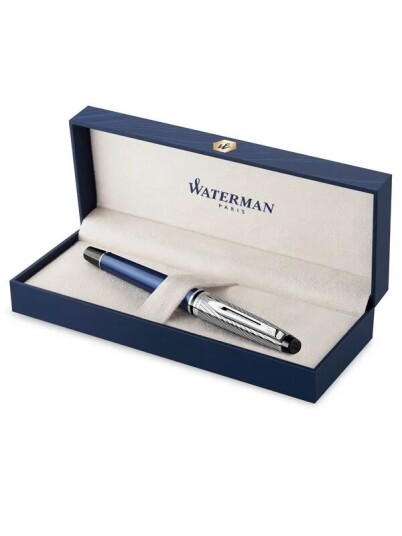 Waterman Expert Deluxe rulleballpenn | Metall og bl lakk med palladiumbelagt trim | Fine Point | Gaveeske