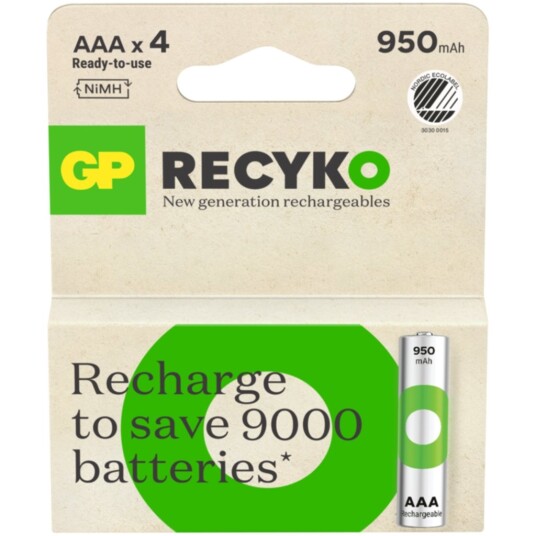 GP Recyko 950mAh Oppladbare AAA-batterier 4-pakning