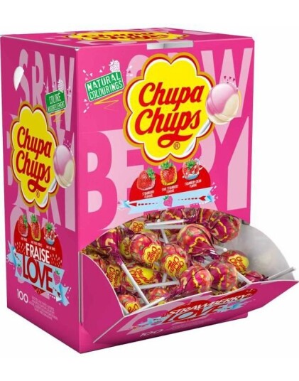 150 stk Chupa Chups Kjærligheter Sure og Søte Jordbærsmaker   Eske 1,8 kg