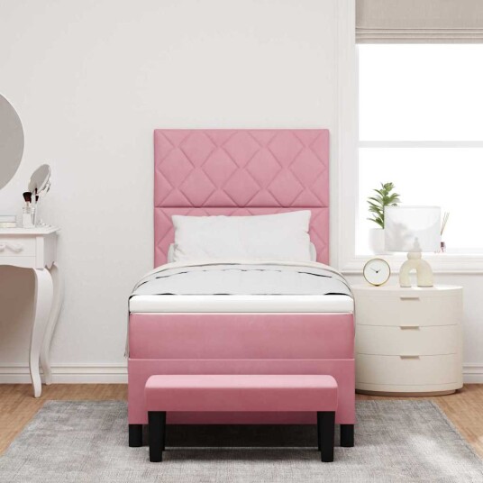 Rosa box spring seng med madrass og benk 90x190 cm fløyel