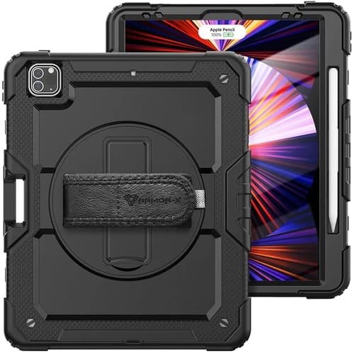 Armor-x Rainproof Military Grade Rugged Case With Hand Strap And Kick-stand Ipad Pro 12.9" 3rd Gen, Ipad Pro 12.9" 4th Gen, Ipad Pro 12.9" 5th Gen, Ipad Pro 12.9" 6th Gen Sort