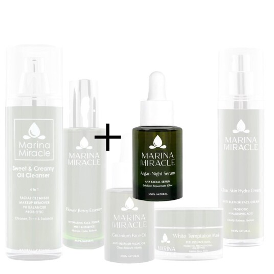 Marina Miracle Stor hudpleiepakke For fet / akne hud Argan Night Serum 30ml / Sweet & Creamy Oil Cleanser 110ml