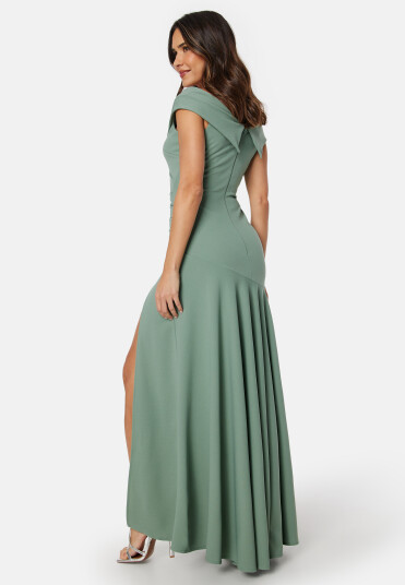 Goddiva Bardot Pleat Maxi Split Dress Light green XL (UK16)