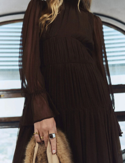 Mango Ruffled Dress With Puffed Sleeves Brown S Mango Ruffled Dress With Puffed Sleeves Brown S
