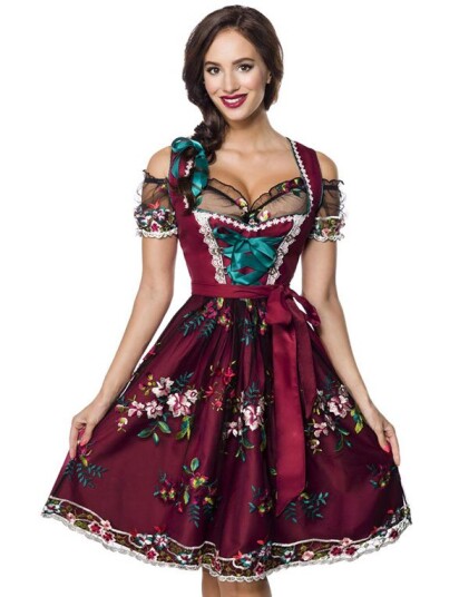 Burgunderrød Luksus Oktoberfestkjole med Blomstermotiv Strl M Burgunderrød Luksus Oktoberfestkjole med Blomstermotiv Strl M