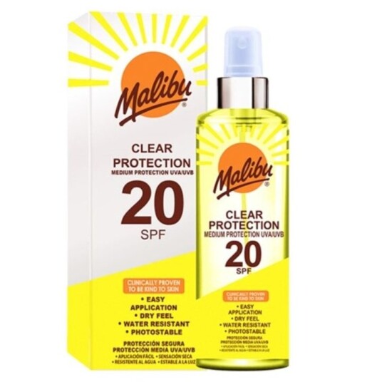 Malibu Clear Solkrem Spray SPF 20 250 ml - UVA/UVB Beskyttelse Malibu Clear Solkrem Spray SPF 20 250 ml - UVA/UVB Beskyttelse