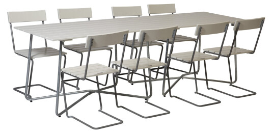 Grythyttan Stålmöbler B25 spisegruppe Hvitlakkert ek/galvanisert stål 8 stoler & 2 bord 120 x 70 cm