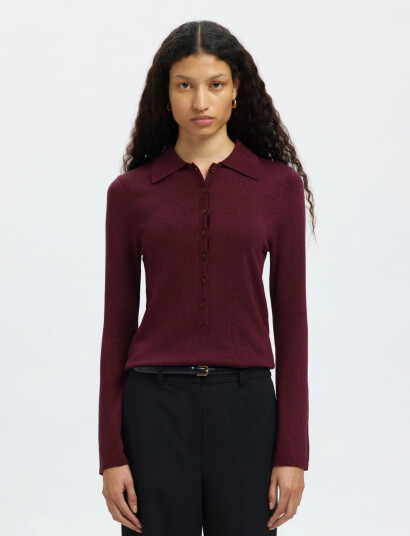 Selected Slflura Ls Slim Knit Collar Neck   Burgundy   XS