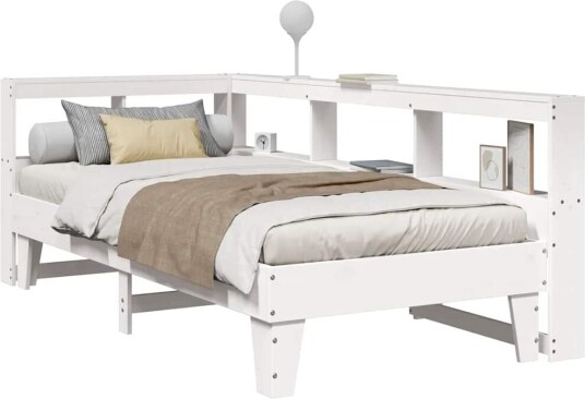 Seng med bokhylle uten madrass hvit 100x200 cm heltre furu
