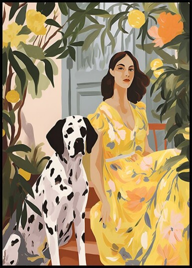 Lady in Yellow with Dalmatian floral summer portrait Print Plakat Plakat / 21x30cm
